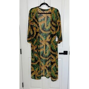 Fashion To Figure Womens 0XL Tropical Chain Print Mesh Duster Green Gold